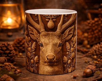 3D Wood Carve Stag Coffee Mug, Forest Animal Mug, Rustic Deer Ceramic Cup, Nature Lover Gift for Him, Dark Academia Home Decor