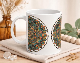 Geometric Mandala Mug, Boho Ceramic Coffee, Colorful Sacred Geometry, Unique Gift for Her, Artistic Tea Cup, Modern Pattern Cup