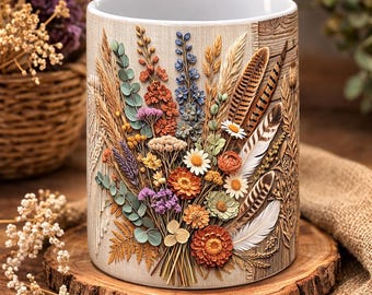 Rustic Wildflower Feather Mug, Boho Botanical Coffee Mug, Nature Inspired Floral Cup, Cottagecore Farmhouse Mug, Gift for Nature Lover