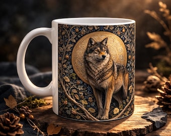 Wolf Art Coffee Mug 11oz, Vintage Gothic Forest Design Cup, Rustic Wildlife Ceramic Mug, Unique Gift for Nature Lovers