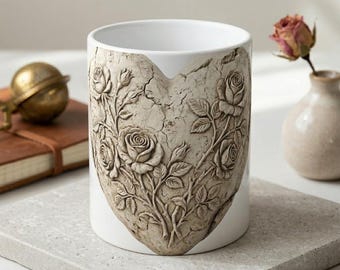 Personalized Stone Heart Mug with Roses, Custom Initial 3D Stone Effect Coffee Cup, Romantic Anniversary Gift, Vintage Victorian Floral Mug
