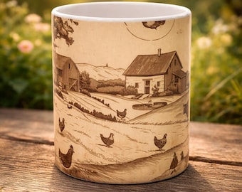 Vintage Farmhouse Scene Mug | Rustic Country Landscape Ceramic Mug