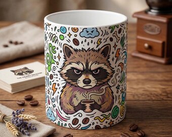 Funny Raccoon Coffee Mug, Cute Angry Raccoon Drinking Coffee Mug, Coffee Lover Gift, Raccoon Animal Mug, Funny Morning Coffee Cup