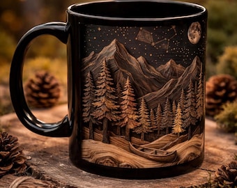 Moonlit Mountain Forest Mug | Night Sky Constellation | Rustic Wood Carving Style Starry Night Mountain