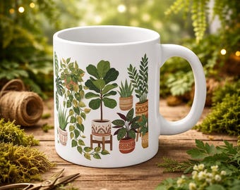 Boho Plant Mug, Houseplant Lover Gift, Botanical Coffee Mug, Indoor Plant Illustration Mug, Plant Mom Gift, Botanical Tea Cup