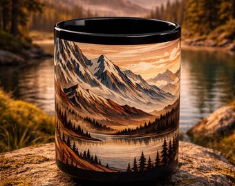 Personalized Mountain Landscape Mug, Nature Art Coffee Cup, Rustic Forest Lake Design, Custom Gift for Him Her, Scenic Travel Mug