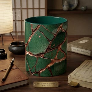 Grüne Kintsugi-Keramiktasse, japanische Wabi-Sabi-Kunst, smaragdgrünes Gold-Reparaturmuster, ästhetisches Geschenk für Teeliebhaber, 325 ml