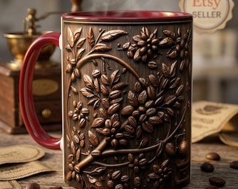 Rustic Coffee Bean Mug, Coffee Lover Gift, Barista Coffee Cup, Faux Carved Wood Coffee Cup, Maroon Handle Coffee Lover Gift