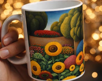 Sunflower Garden Ceramic Mug, Colorful Floral Landscape Coffee Cup