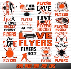 Op de afbeelding: Een verzameling oranje en zwarte Flyers hockey-thema graphics. Ontwerpen omvatten hockeypucks, sticks, helmen en tekst zoals "Flyers", "Love Hockey" en "My Heart is on the Ice". Geschikt voor diverse toepassingen.