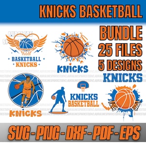 以下が含まれることがあります： 「Knicks Basketball」のテキストが入ったバスケットボールをテーマにしたデジタルバンドル。デザインには、バスケットボール、フープ、オレンジ、青、白の選手のシルエットが含まれています。バンドルには25個のファイルと5つのデザインが含まれています。