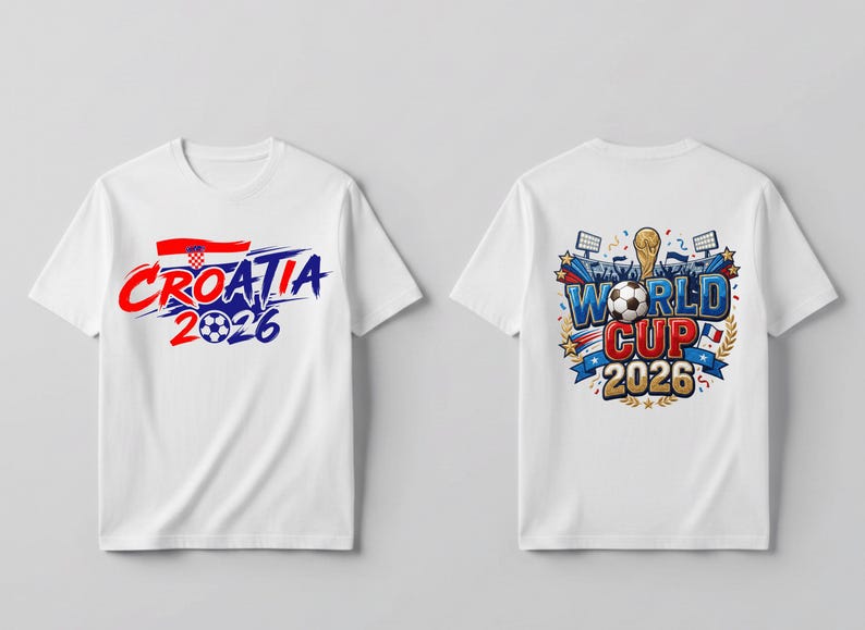 May include: A white short-sleeved t-shirt shown from the front and back. The front features the text Croatia 2026 with a Croatian flag and football. The back displays a World Cup 2026 graphic with a trophy, football, and stadium floodlights.