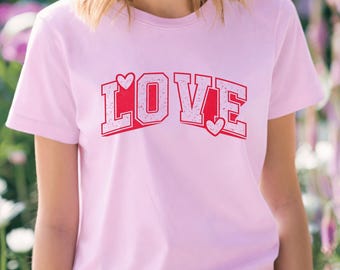 Love Shirt Vintage Varsity Style, Cute Valentine Graphic Tee, Retro Heart Lettering Unisex T Shirt Gift for Her Him