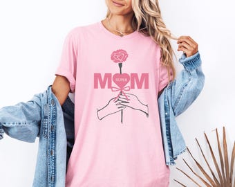 Camiseta de mamá, camiseta de mamá con flores silvestres, camiseta de colores cómodos, camiseta retro para mamá, regalo para el Día de la Madre, camisetas de flores para mujer, regalo floral para mamá primeriza