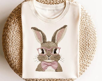 Cute Bunny Shirt with Pink Glasses, Aesthetic Rabbit T-Shirt, Spring Easter Bunny Graphic Tee, Soft Pastel Animal Illustration Shirt