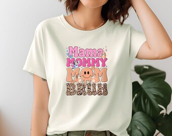 Mama Mommy Mom Bruh Shirt, Cute Cartoon Leopard Print Graphic Tee, Funny Mom Life T-Shirt