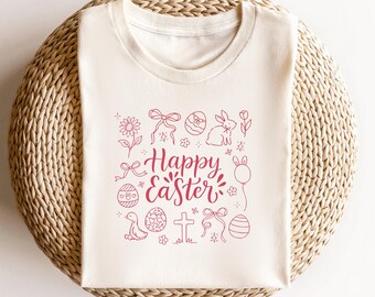 Happy Easter Shirt, Minimal Easter Line Art T-Shirt, Christian Easter Tee, Spring Holiday Graphic Shirt, Cute Easter Symbols Tee