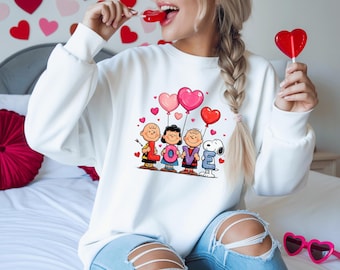 Cute Valentine Love Cartoon Friends Holding Heart Balloons Shirt, Retro Style Valentine Day Graphic Tee Gift