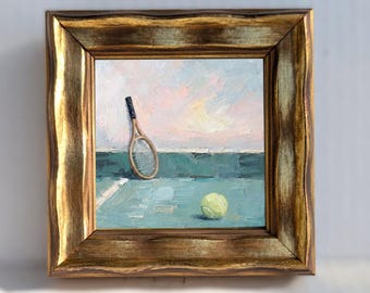 Original Mini Tennis Court Oil Painting, Pastel Tones Canvas Art