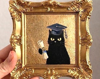 Miniature Black Cat Graduation Painting, Ornate Gold Frame, Cat Lover Gift