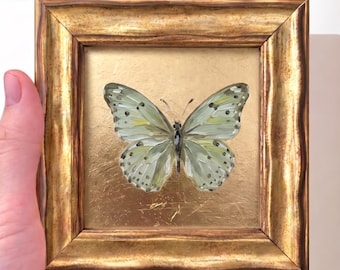 Mini oil painting green butterfly gold leaf framed small art decor