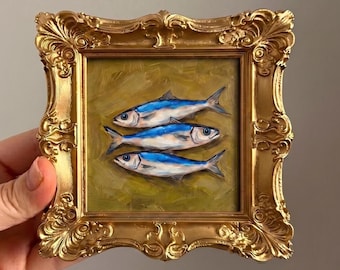Sardine Painting Olive Background, Mini Oil Canvas, Gold Frame Kitchen Gift