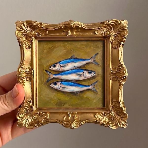 Sardinmålning Olivbakgrund, Mini Oljemålning, Guldram Kökspresent