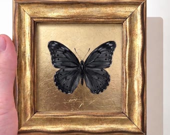 Mini peinture à l'huile papillon noir feuille d'or encadrée décoration murale sombre