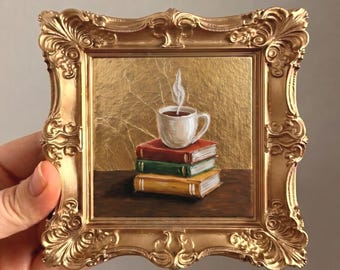 Mini Oil Painting Coffee Books, Gold Leaf Art, Reading Nook Decor, Book Lover Gift