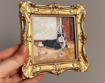 Black Cat Painting, Mini Framed Art, Small Oil Canvas