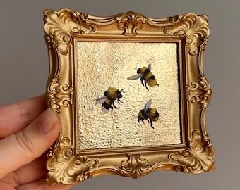 Ingelijste hommelolieverfschilderij, bladgoud miniatuur kunst aan de muur, boekenplankdecor