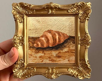Original Croissant Oil Painting, Miniature 3x3 Inch Food Art, Ornate Gold Frame