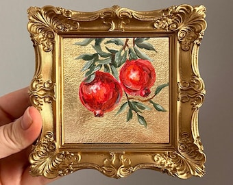 Original Pomegranate Oil Painting, Miniature Gold Leaf Artwork, Ornate Framed Decor