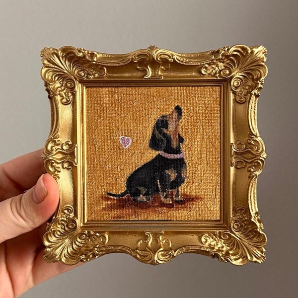 Mini Dachshund Oil Painting Gold Frame, Dog Lover Gift, Tiny Wall Art Decor