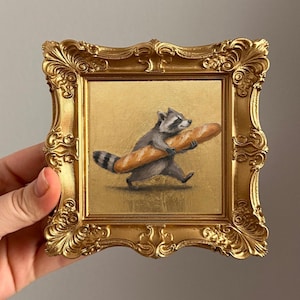 Original Oil Painting Raccoon With Baguette, Whimsical Kitchen Wall Art, French Bakery Decor