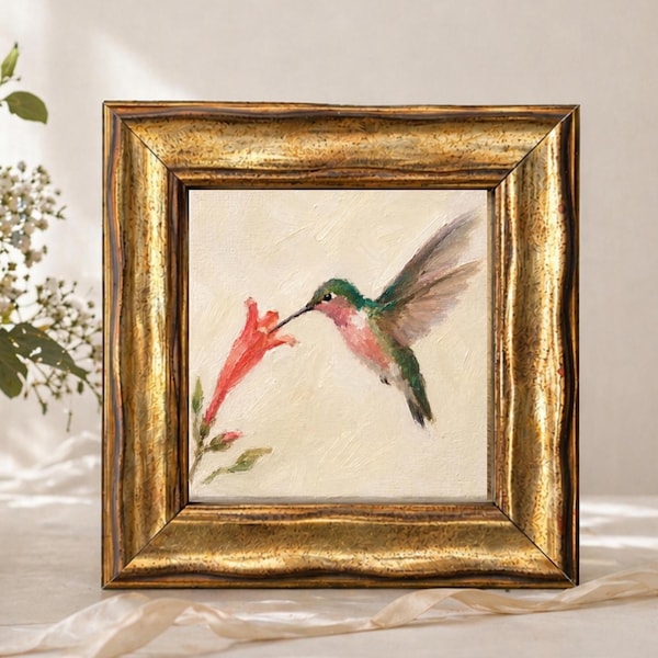 Original Hummingbird Oil Painting, Mini Framed Bird Art, Small Floral Wall Decor Gift