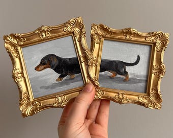 Miniatuur teckel olieverfschilderij set, sierlijke gouden lijst, originele hondenkunst