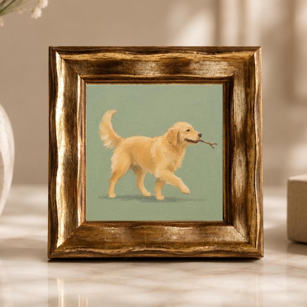 Miniature Golden Retriever Oil Painting, Framed Dog Portrait, Small Pet Art