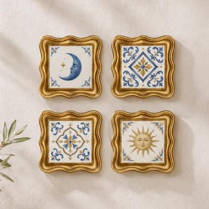 Mini Oil Painting Set, Blue Coastal Kitchen Wall Art, Mediterranean Tile Art