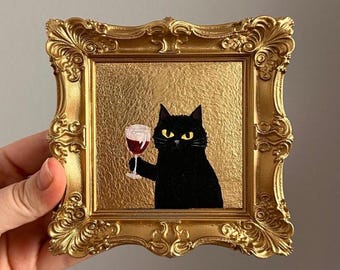 Framed Miniature Oil Painting 4x4 Gold Frame Cat with Wine