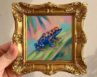 Blauer Pfeilgiftfrosch Original-Ölgemälde, Mini-Frosch-Wand-Kunst, winziges gerahmtes tropisches Frosch-Dekor, buntes Frosch-Dekor, Frosch-Liebhaber-Geschenk