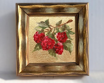 Original Raspberry Oil Painting, Miniature Gold Leaf Artwork, Ornate Framed Decor