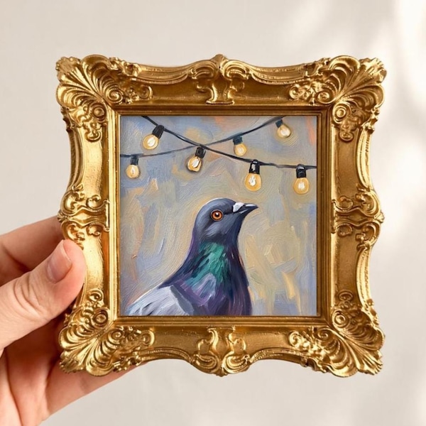 Original oljemålning, duva under ljusslinga, miniatyrfågelkonst (3x3)