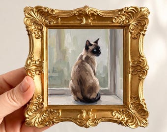 シャム猫の絵画、ヴィンテージオリジナル、額装キャンバスパネル