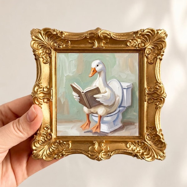 Original oljemålning Gås som läser på toalett, 3x3 miniatyr badrumskonst (inramad)