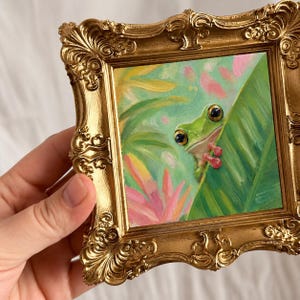 Original Ölgemälde, Mini Frosch Wandkunst, gerahmtes tropisches, skurriles Dekor Bild 3