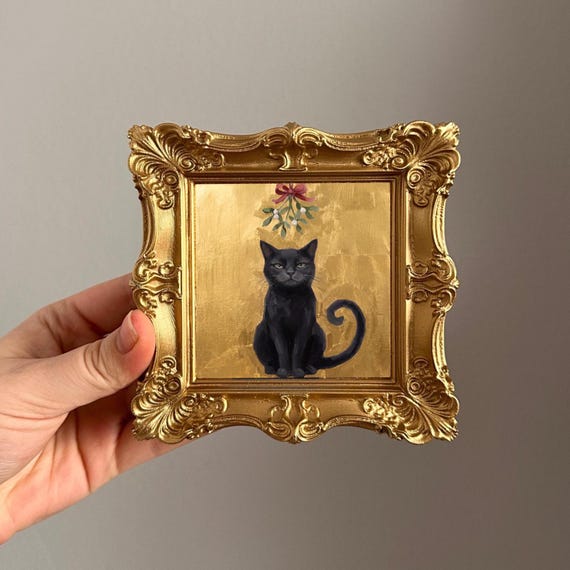 Original Oil Painting, Black Cat Mistletoe Christmas Art, 3x3 Gold Leaf Canvas