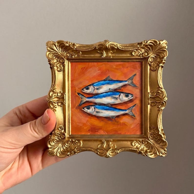 Framed Fish Painting, Mini Oil Canvas, Gold Frame Kitchen Decor Gift