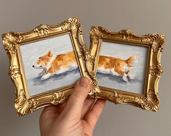 Corgi Mini Painting Set of 2, Original Oil Dog Art, Small Gold Frame Art