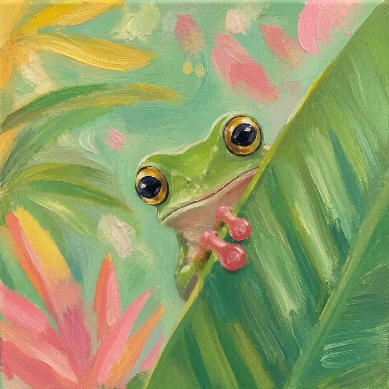 K&ouml;nnte beinhalten: Ein &Ouml;lgem&auml;lde eines hellgr&uuml;nen Frosches mit gro&szlig;en, dunklen Augen, der hinter einem breiten, strukturierten gr&uuml;nen Blatt hervorlugt. Der Hintergrund zeigt weiche, impressionistische Striche gelber und rosafarbener Bl&uuml;ten auf hellminzgr&uuml;nem Grund.